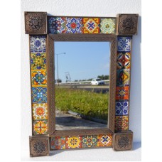 17" PUNCHED TIN MIRROR with mixed talavera tiles   wall deco   mexican folk art    173461130238